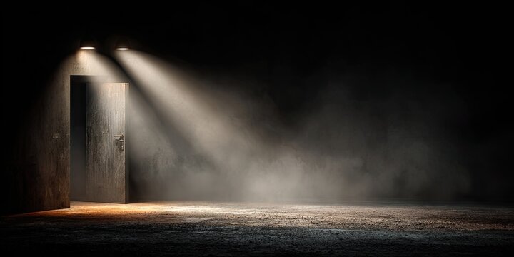 Illuminated doorway in a dark, smoky room