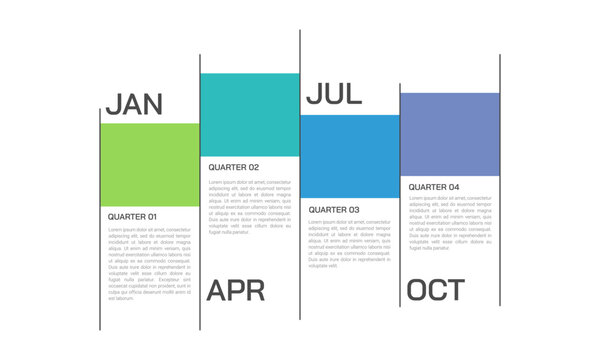4 Quarters Annual Business Report Infographic Template with Months Timeline. Presentation, Milestone and Annual Report. Vector illustration.
