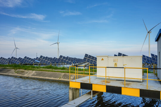 Coastal Renewable Energy Farm with Tracking Solar Arrays, Wind Turbines, and Pad-Mounted Substation