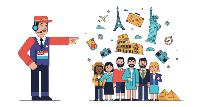Tour Guide Leading Group of Tourists on a Trip.