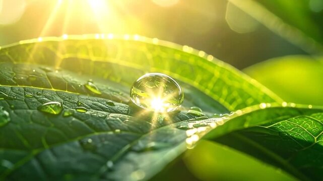 A single water droplet on a green leaf reflecting the bright sunlight