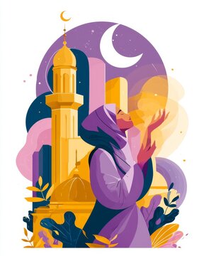Islamic woman praying silhouette against ornate mosque architecture vector art