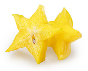 Fototapeta premium Two slices of star fruit or carambola isolated on white background with clipping path.