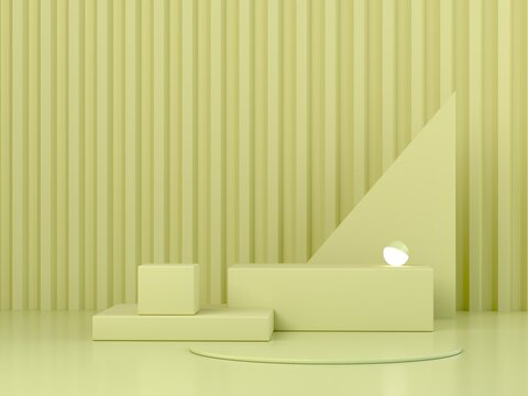 Cubes and cylinder podium with sphere light in minimal aesthetic spring background in butter yellow colors. Showcase with geometrical forms. Empty scene to display products. 
