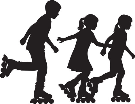 Black silhouettes of three children rollerblading