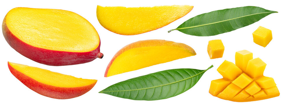 Collection of mango fruit slices with mango leaves isolated on white background. File contains clipping paths.
