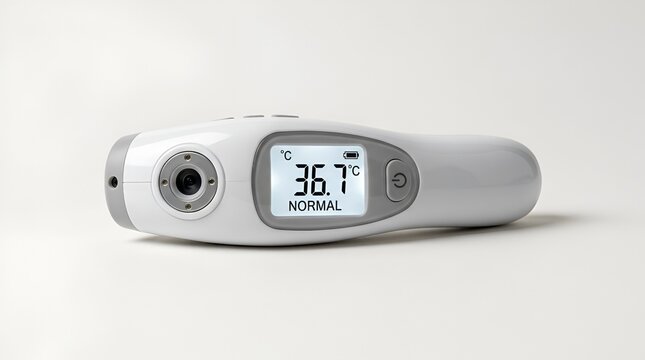 Digital infrared thermometer showing normal temperature on white background