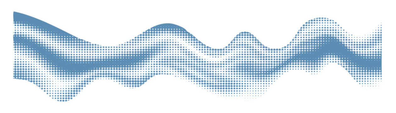 Blue halftone dot wave with layered grunge texture &mdash; abstract wavy sea silhouette vector illustration, minimal graphic design shape for stamp, divider or print effect