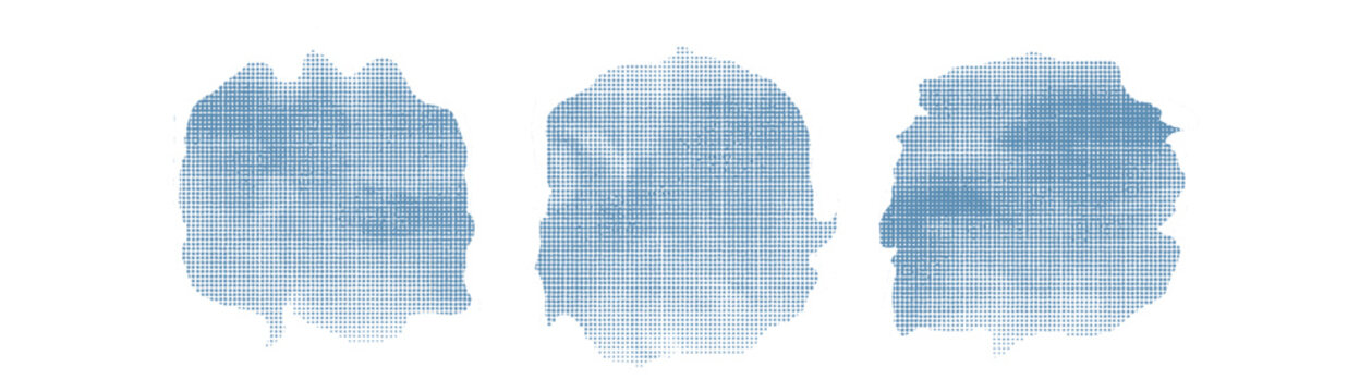 Abstract organic shapes set, textured dynamic splash silhouettes with blue liquid blob halftone dots pattern for modern artistic background and layout graphics template