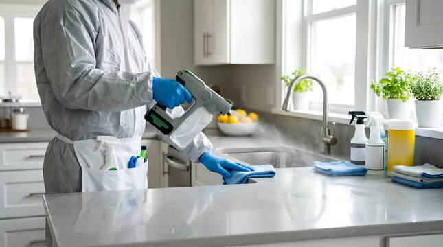 professional disinfection service worker in hazmat suit and gloves spraying kitchen countertop with cordless electrostatic sprayer machine for deep cleaning virus protection