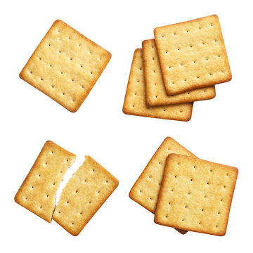 Set of delicious square crackers, isolated on cutout transparent background