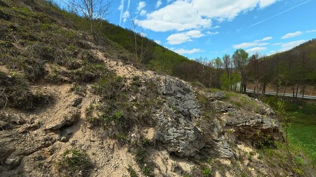 Dusty slope with moss and wild grasses. Bigar Waterfall, Stara Planina. (Balkan Mountains), Serbia.