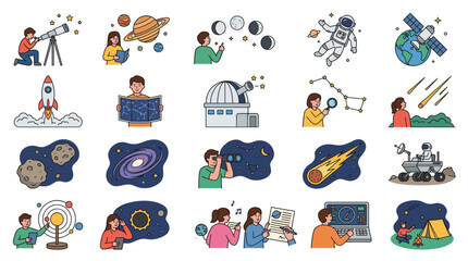 Fototapeta premium Space science icon set with rockets, astronauts, planets, telescope, galaxy, observatory, meteor, moon rover and astronomy classroom scenes.