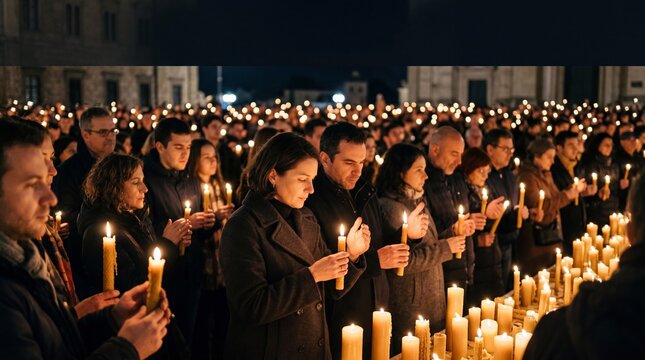 Crowd holding candles in a solemn vigil at night
