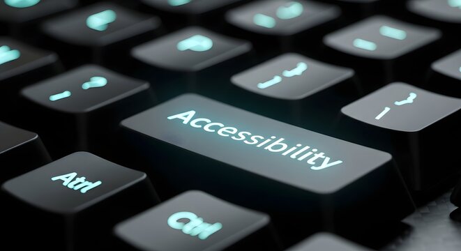 Close-up of a computer keyboard with the 'Accessibility' key illuminated, highlighting digital inclusion and assistive technology.