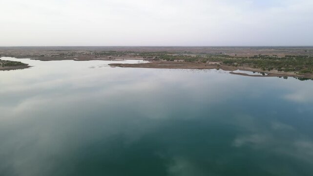 Aerial shot of desert poplar forest at Tata Secret Land, Luobu Lake, Yuli Xinjiang