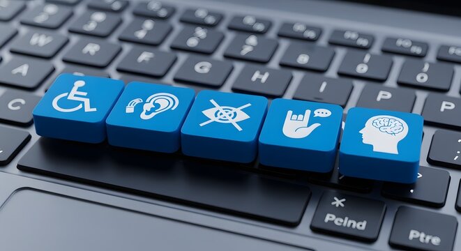 Blue keyboard keys with accessibility icons representing different disabilities, including wheelchair, hearing impairment, visual impairment, and cognitive differences.