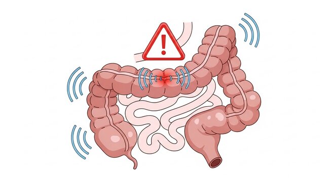 Illustration of Intestinal Obstruction with Warning Sign and Intestines.
