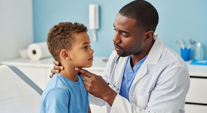 Doctor examining a childs throat in a clinic.