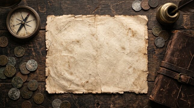 Vintage Treasure Map Paper With Compass And Coins