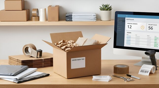 E-commerce shipping station with open box, computer, scanner, and packing supplies