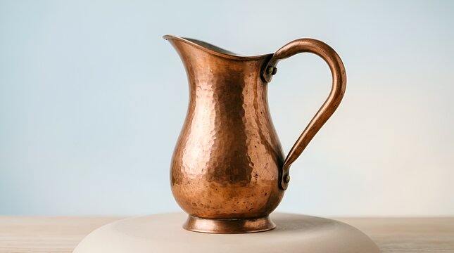 Antique Copper Pitcher with Hammered Texture on a Light Surface