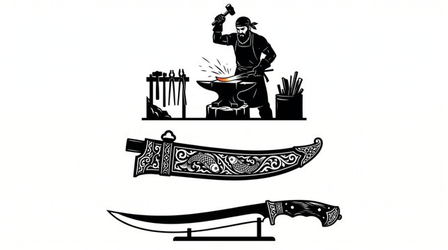 Blacksmith forging traditional curved dagger with ornate carved sheath vector illustration