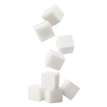 Falling sugar cubes, isolated on cutout transparent background