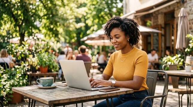  Young Black professional woman working on laptop at outdoor cafe