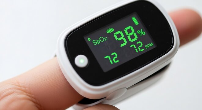 Close-up of a finger pulse oximeter showing oxygen saturation.