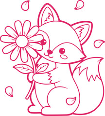 Fototapeta premium Sweet cartoon fox holding large daisy flower with falling petals, looking happy and cute.