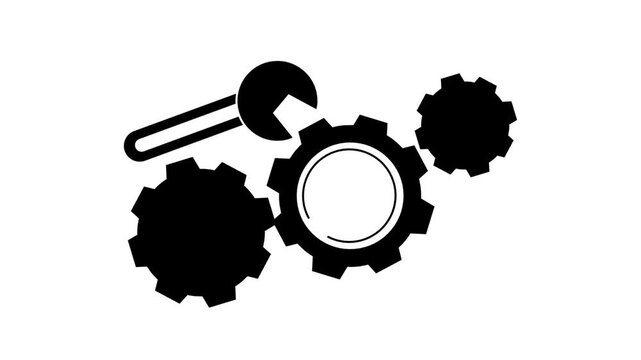 A minimalist black-and-white illustration featuring three interconnected gears and a wrench, symbolizing engineering, maintenance, repair, mechanical work, settings, productivity, and technical 