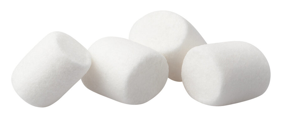 Delicious white marshmallows, isolated on cutout transparent background