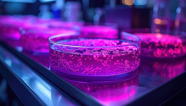 Vibrant petri dish culture illuminated with neon pink and purple light in a scientific laboratory