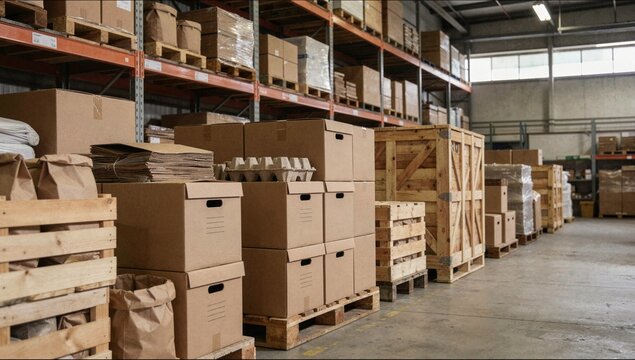Cardboard boxes and wooden crates stacked on pallets in spacious warehouse suitable for logistics supply chain distribution and storage business advertising