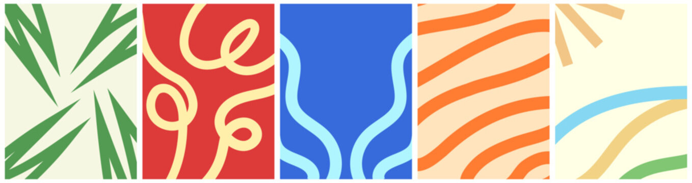 Abstract Summer Backgrounds Bundle in Vibrant Colors, Squiggly Line Matisse Style, Modern Hand Drawn Decorative Art Shapes For Celebration, Ads, Print Labels and Web Use