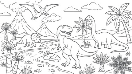 Dinosaurs in prehistoric landscape with volcano palm trees and pterodactyls. © Sadhin