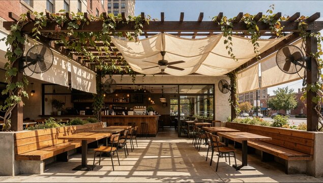 Empty outdoor cafe terrace with wooden tables under pergola awning ideal for restaurant marketing hospitality business and summer dining promotion