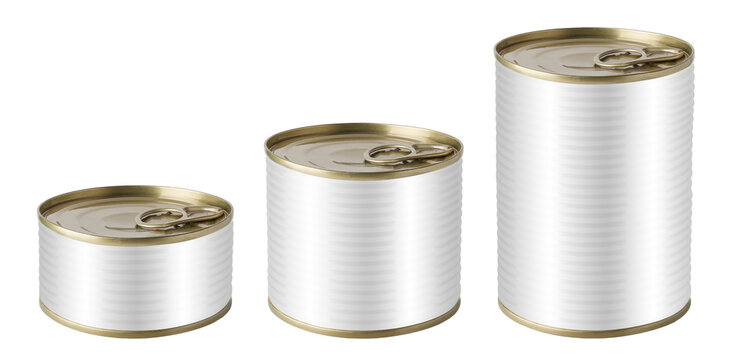 Set of white tin cans in different sizes, isolated on cutout transparent background