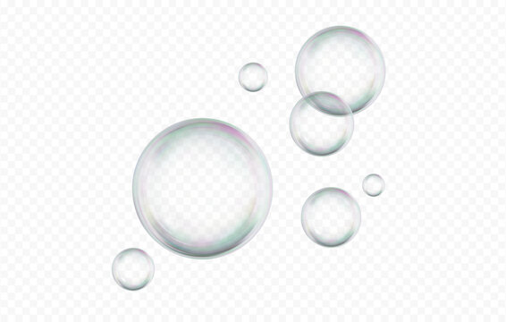 3D Soap bubble floating on transparent background. Water foam bubbles with rainbow colors. Realistic iridescent ball. Soap transparent balloon. 3D Vector illustration