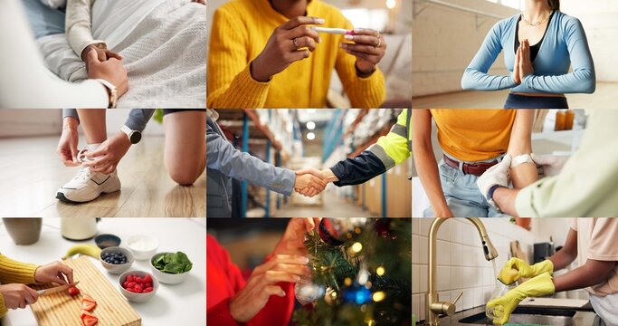 Collage, hands and people for health, together and coordination with montage of touch. Fitness, handshake and cleaning with different interaction for life events, care and yoga pose for wellness