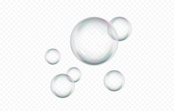 3D Soap bubble floating on transparent background. Water foam bubbles with rainbow colors. Realistic iridescent ball. Soap transparent balloon. 3D Vector illustration