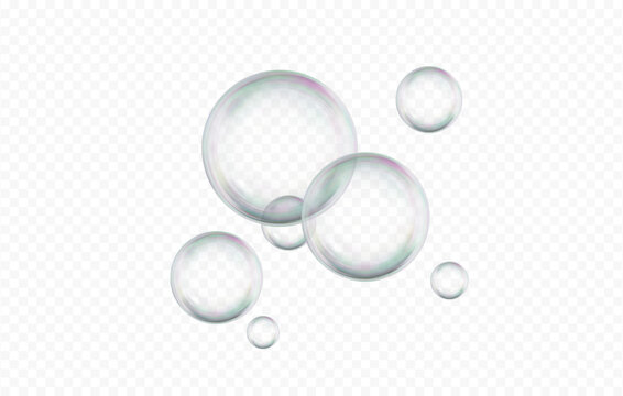 3D Soap bubble floating on transparent background. Water foam bubbles with rainbow colors. Realistic iridescent ball. Soap transparent balloon. 3D Vector illustration