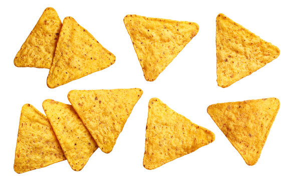Set of nacho tortilla chips, isolated on cutout transparent background