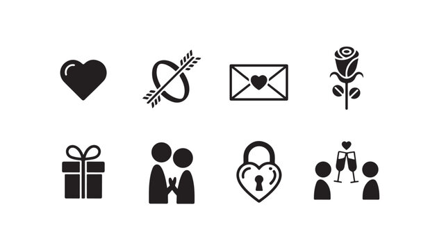 Valentine's day love and romantic icons with heart, cupid, couple and gift set.