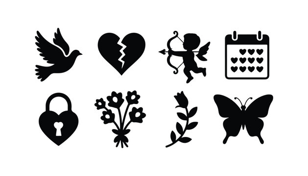 Valentine's day love and romantic icon collection with dove broken heart and cupid set.