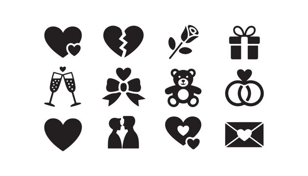 Valentines day icons set romantic symbols heart shapes gift rose teddy bear rings.