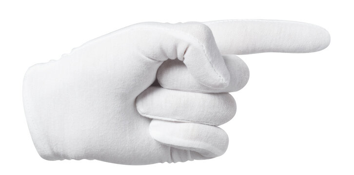 White gloved hand pointing right, isolated on cutout transparent background