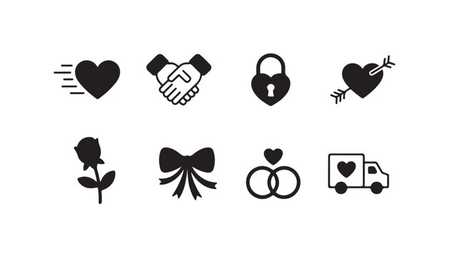 Valentine day icon set black silhouettes on isolated transparent background in flat style.