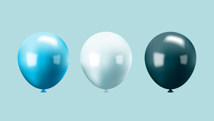 Three colorful shiny balloons floating against a light transparent background for creative design use © BrightLayer